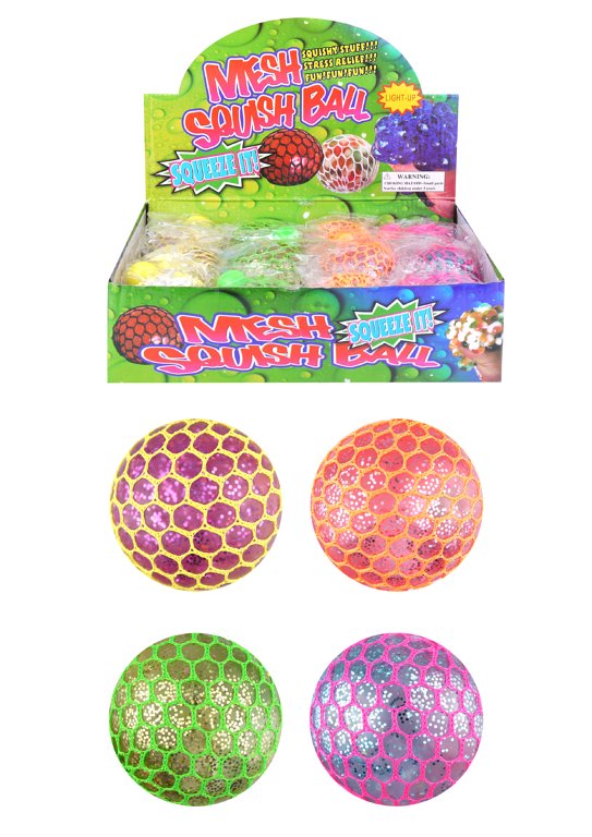 Light Up Mesh Squeeze Balls with Glitter (7cm) Assorted Colours