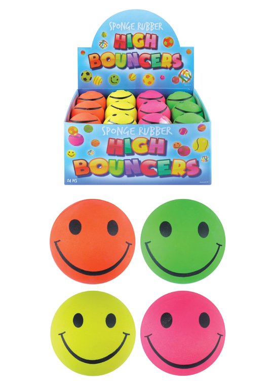 High Bounce Balls with Neon Smiling Faces (6.2cm) 4 Assorted Colours