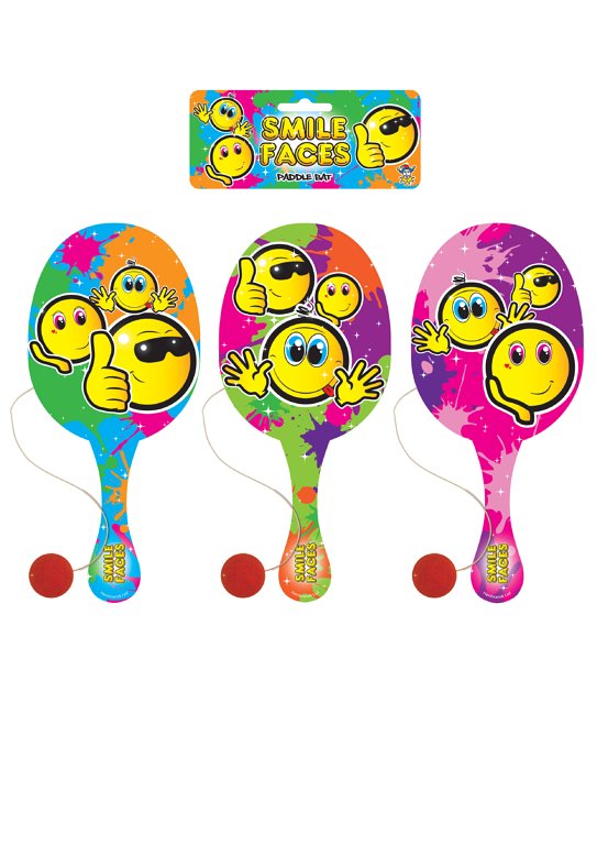 Yellow Smile Wooden Paddle Bat and Ball Games (22cm) 3 Assorted Designs