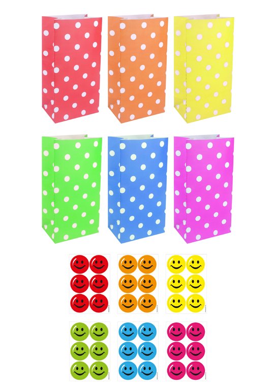 Polka Dot Paper Party Bags with Smiley Face Stickers (6 Assorted Colours)