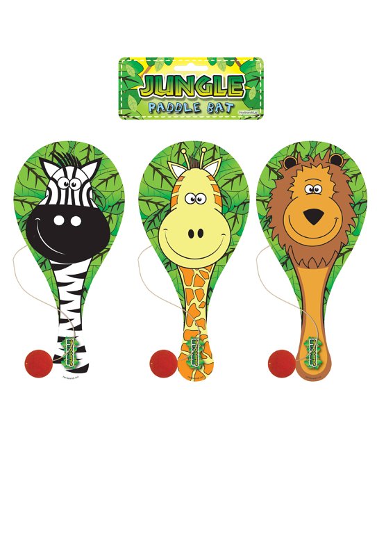 Jungle Animals Wooden Paddle Bat and Ball Games (22cm) 3 Assorted Designs