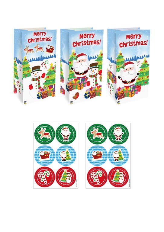 Christmas Paper Party Bags with Stickers (3 Assorted Designs)