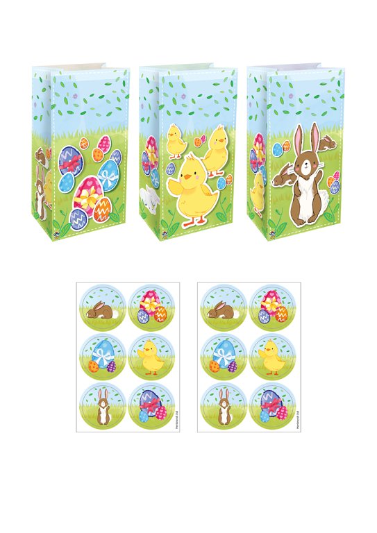 Easter Paper Party Bags with Stickers (3 Assorted Colours)