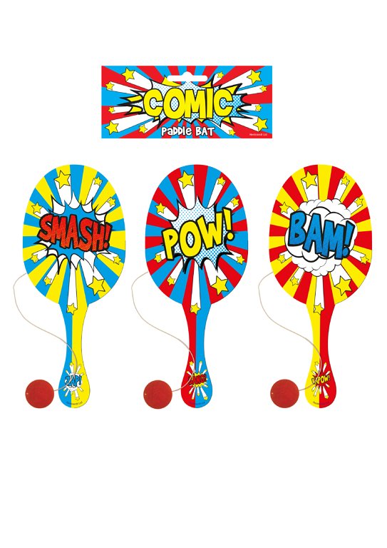 Comic Impact Wooden Paddle Bat and Ball Games (22cm) 3 Assorted Designs