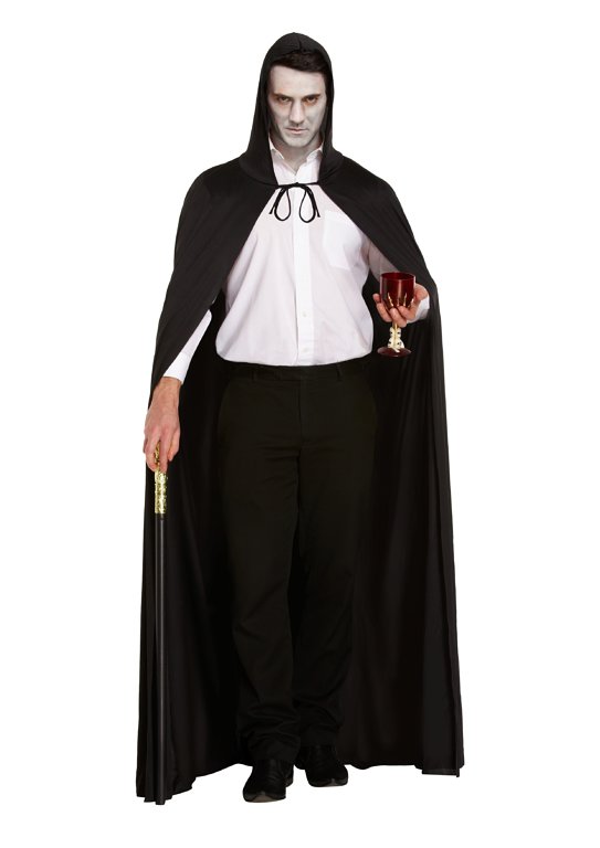 Long Black Halloween Cape with Hood (One Size) Adult Fancy Dress