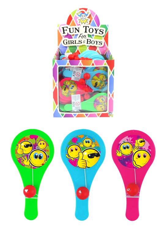 Yellow Smile Mini Paddle Bat and Ball Games (12cm) 3 Assorted Designs
