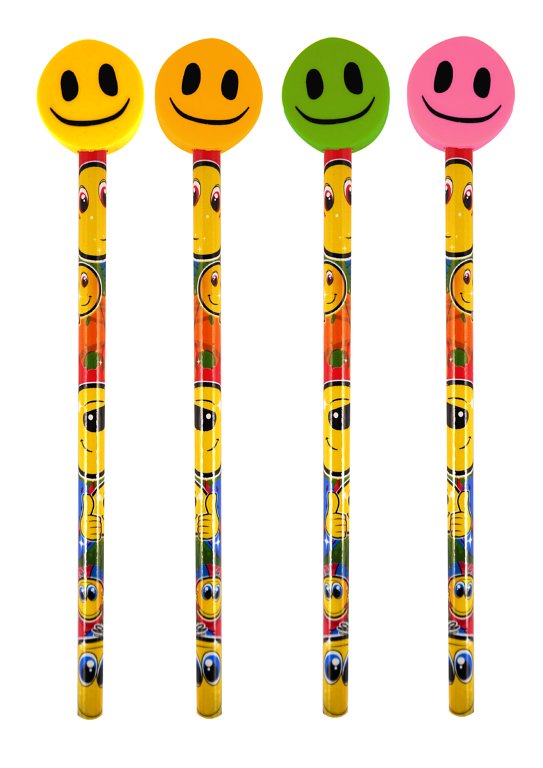 Yellow Smile Pencils with Smiling Eraser Toppers (4 Assorted Colours)
