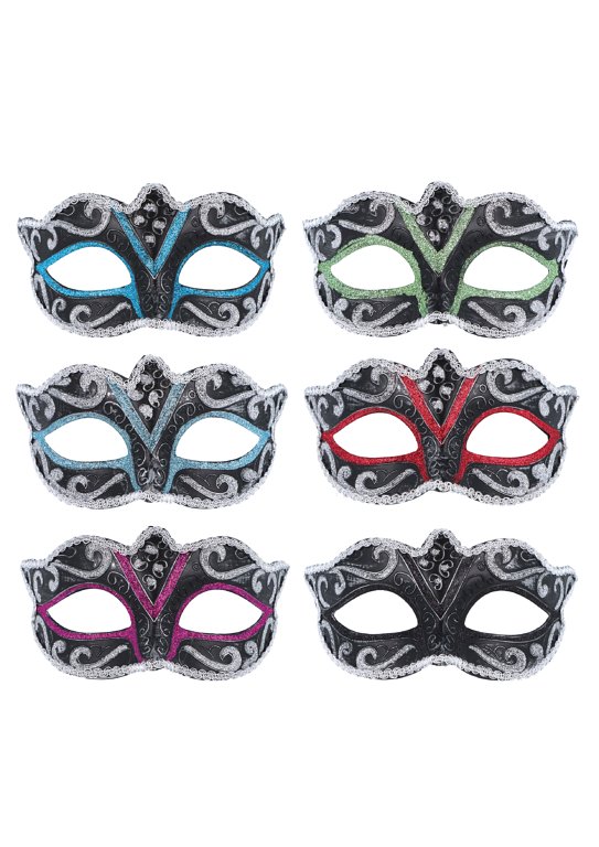 Black Eye Masks with Silver and Colour Trim (6 Assorted Colours)