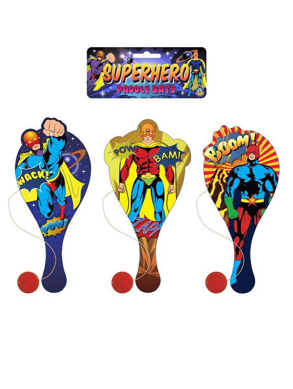 Superhero Wooden Paddle Bat and Ball Games (22cm) 3 Assorted Designs